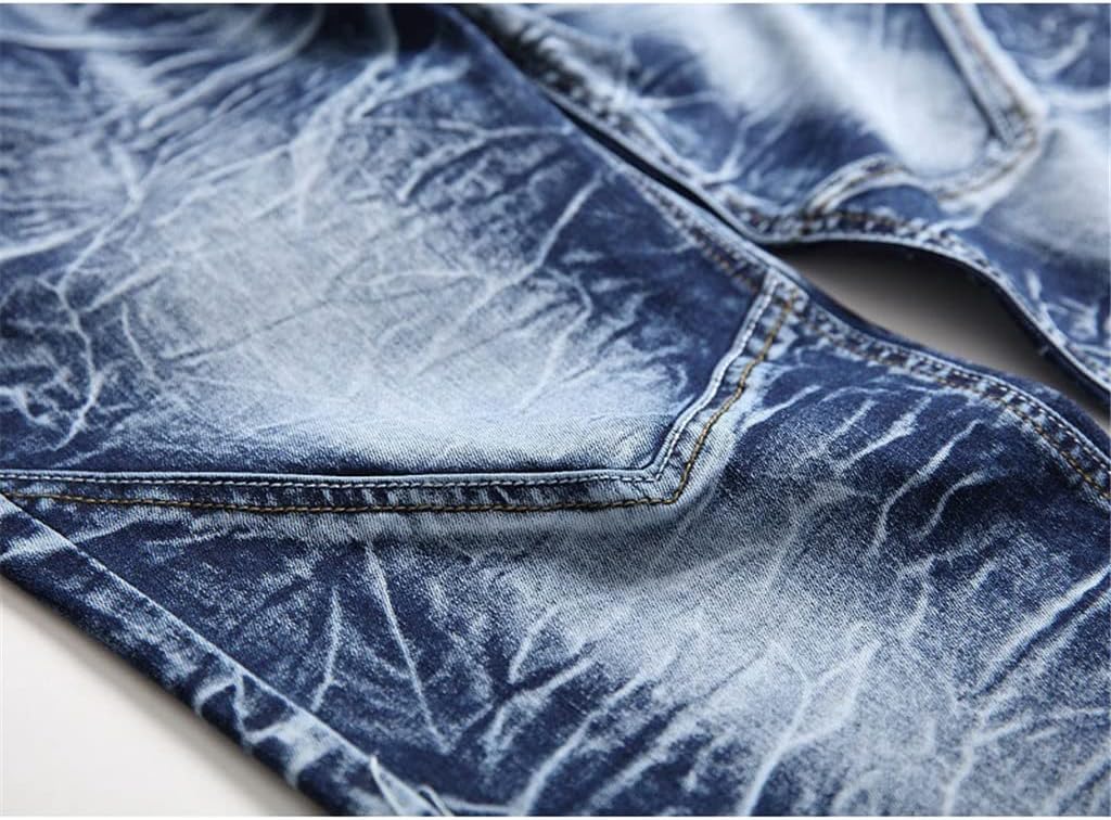Snow Washed Patchwork Men's Straight Elastic Jeans Size Vintage Patch Slim Denim Long