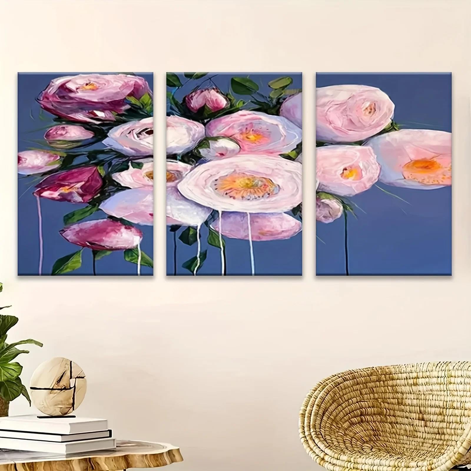 Yocheng 3pcs Set Of Decorative Art Pink And White Bouquets On A Blue Background The Poster 50x70cmx3 No Frame