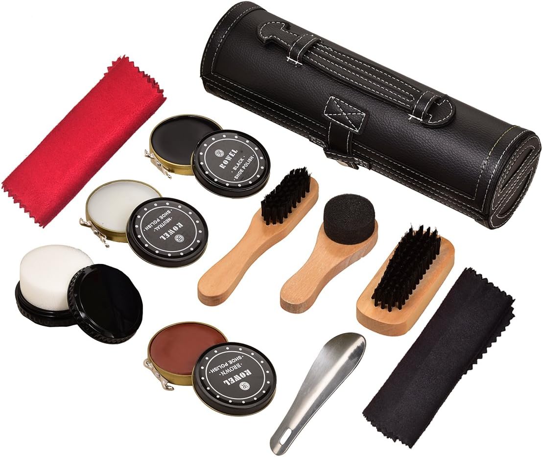 LOAMOLOAMO Shoe Care Kit Travel Shoes Shine Brush Polish Kit with PU Leather Sleek Elegant Case 10-Piece