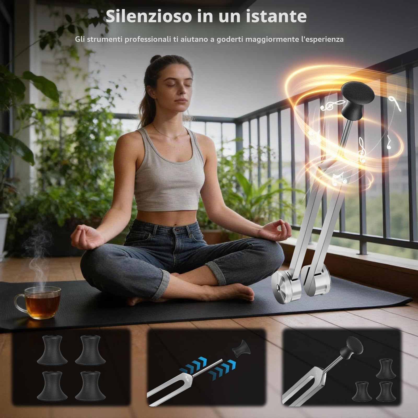 Set di diapason curativo con base in cristallo per regolazione chakra, guarigione del suono, meditazione, yoga
