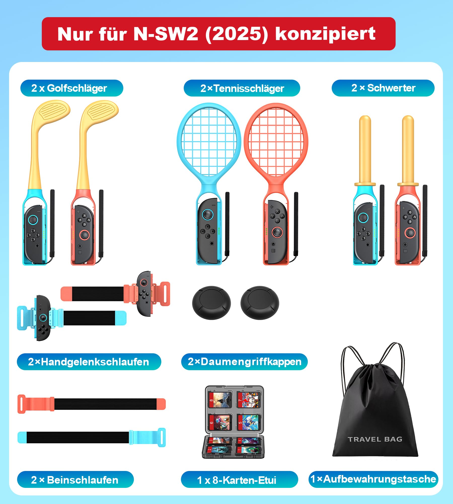 15 in 1 Switch 2 Sport Zubehör Set für Nintendo Switch 2, Familienparty Paket Sportspiele Zubehör, Aufbewahrung für Switch 2 Sport Spiel Organizer, 15 Stück(nur für Switch 2)