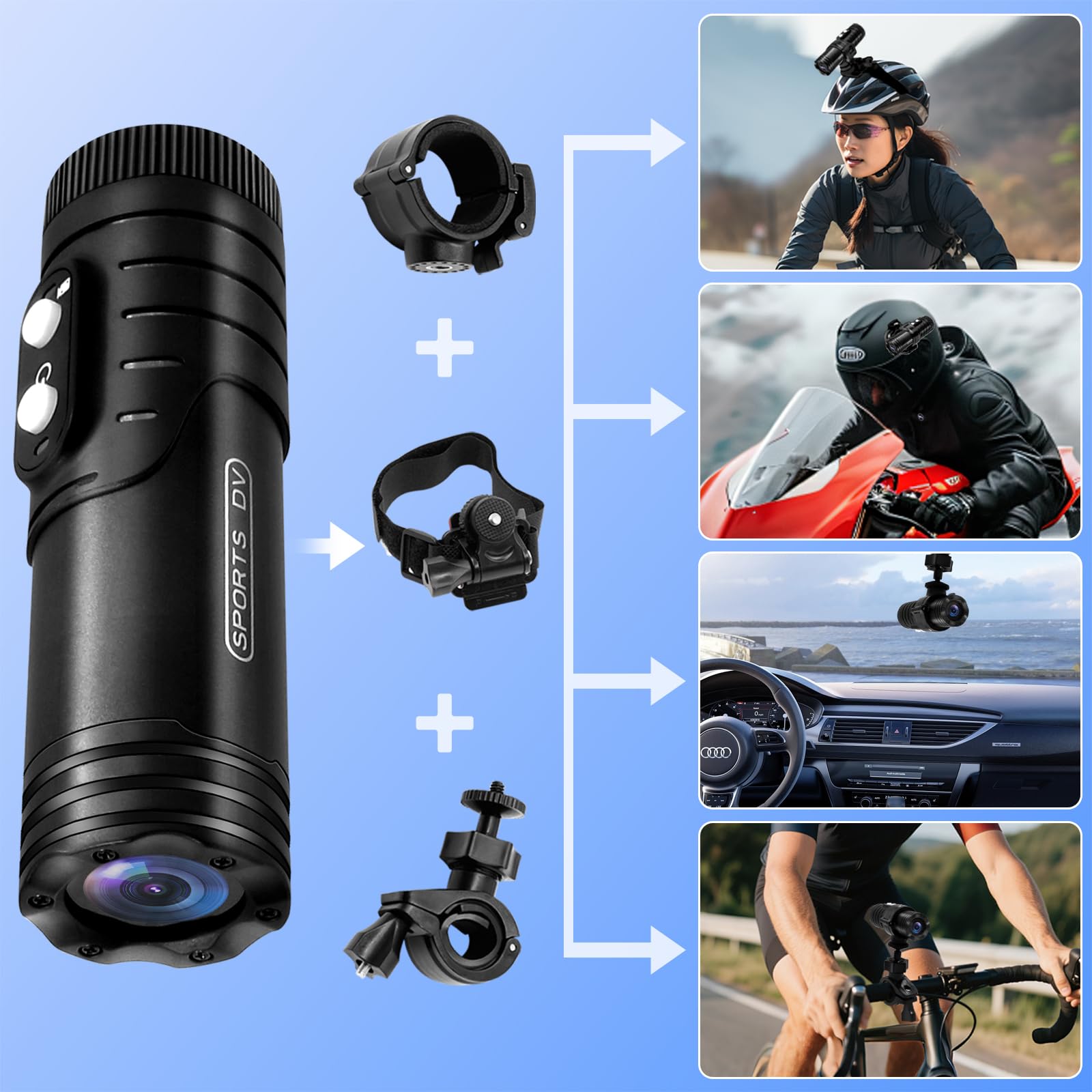 Action Cam Moto, WiFi Stabilizzazione Giroscopica Dash Cam Moto, 7 Ore di Registrazione 1080P HD e Grandangolo 120° Action Camera IP66 Impermeabile per Bici/Moto