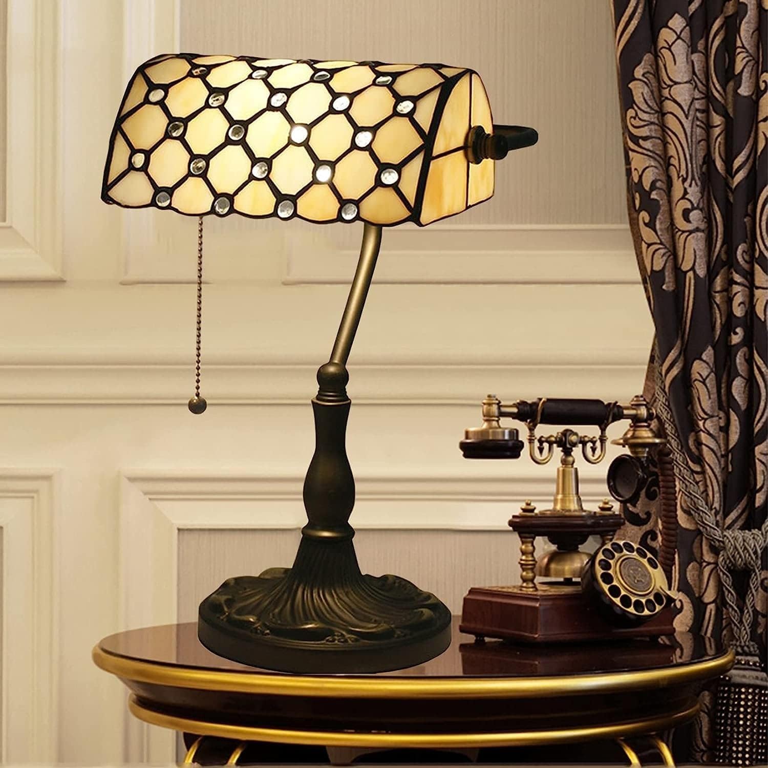Bankiers Tischlampe, farbige Glaslampe, Kristallperlenschreibtischlampe, Schlafzimmer in der Nacht Leselampe (beige gelbe Glasperlenschatten) Innovate