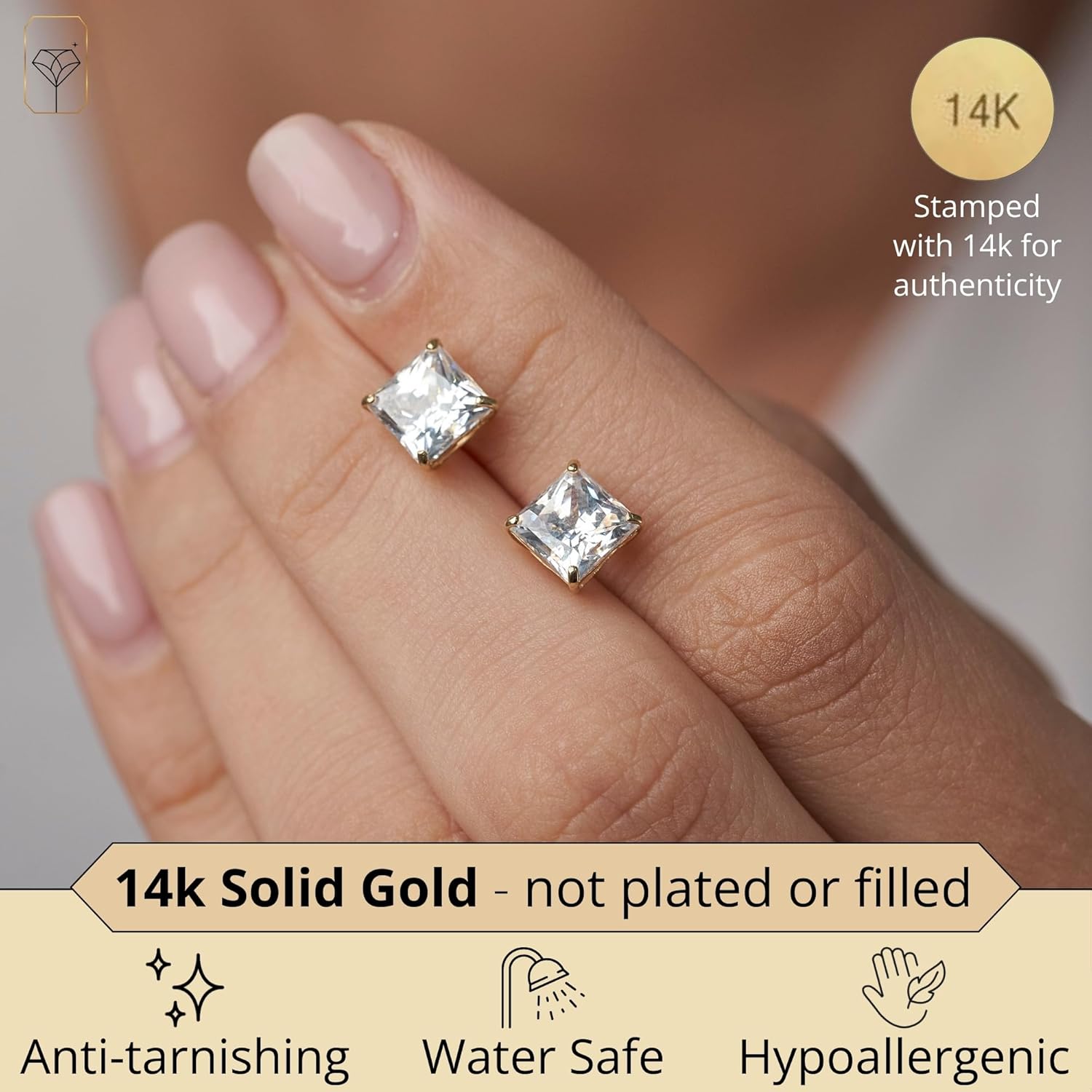 14K Gold Princess Cut CZ Stud Earrings for Women & Men | Anti Tarnishing Cubic Zirconia Earrings Studs with 14K Gold Butterfly Backs | 4MM 5MM 6MM 7MM CZ Gold Earrings by MAX + STONE