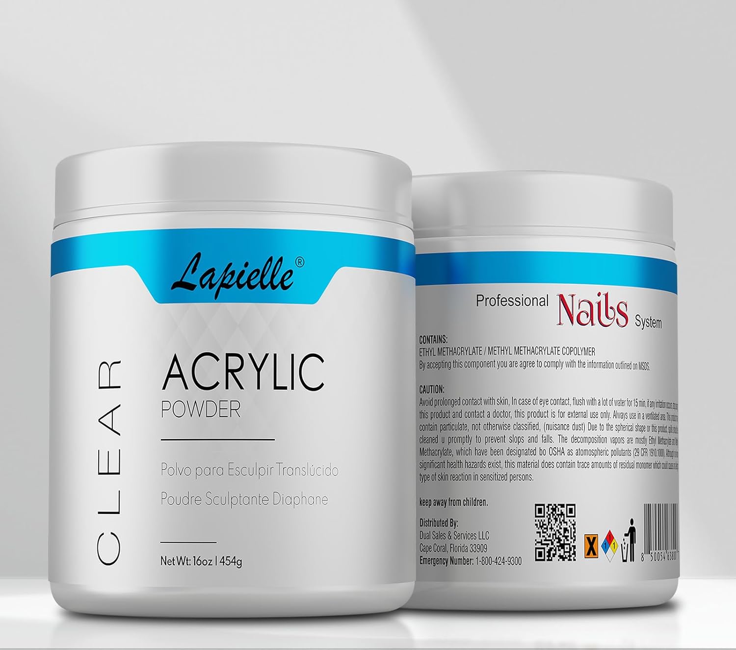Professional Acrylic Powder for Nail Art. Long-lasting, Large capacity and quick dry. Quality Salon Manicure Nail extension (16oz - 1lb - 454g) CLEAR