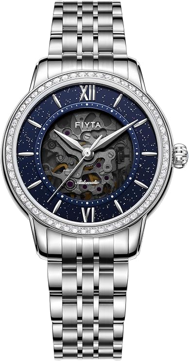 FIYTA Classic Women's Mechanical Watch, Diamond 3-Hand, Starry Sky Skeleton Dial, Synthetic Sapphire, Silver Stainless Steel Strap, 34.6MM