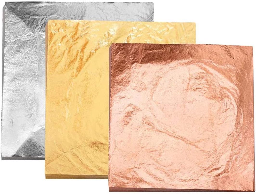 300 Sheets Imitation Gold Leaf, Rose Gold Leaf, Silver Leaf for Arts Project, Gilding Crafting, Furniture Decoration, Nail Art (14x14cm)
