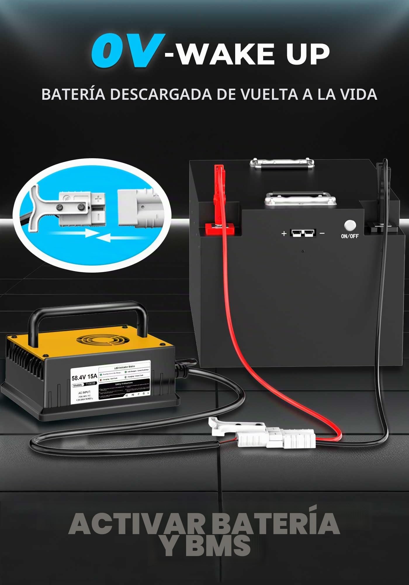 58,4V 15A Cargador de Batería Litio para 48V (51.2V) LiFePO4 Baterías, 48V Cargador de Batería Litio para Autocaravanas, Barcos, Vehículos Marinos y Sistemas Solar