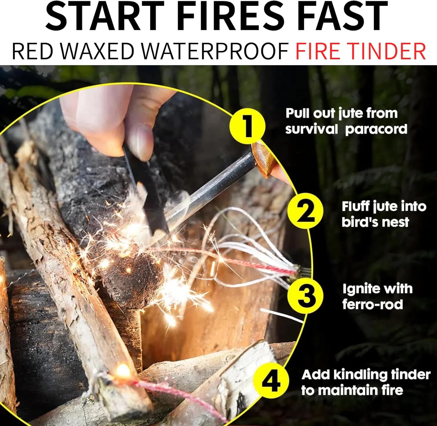 Survival Paracord 550 Fire Paracord Survivor Cord Nlyon Rope 10 Strands US Military Type III 550 Parachute Cord with Integrated Fishing Line, Fire-Starter Tinder 4 in 1 (Black, 100FT)