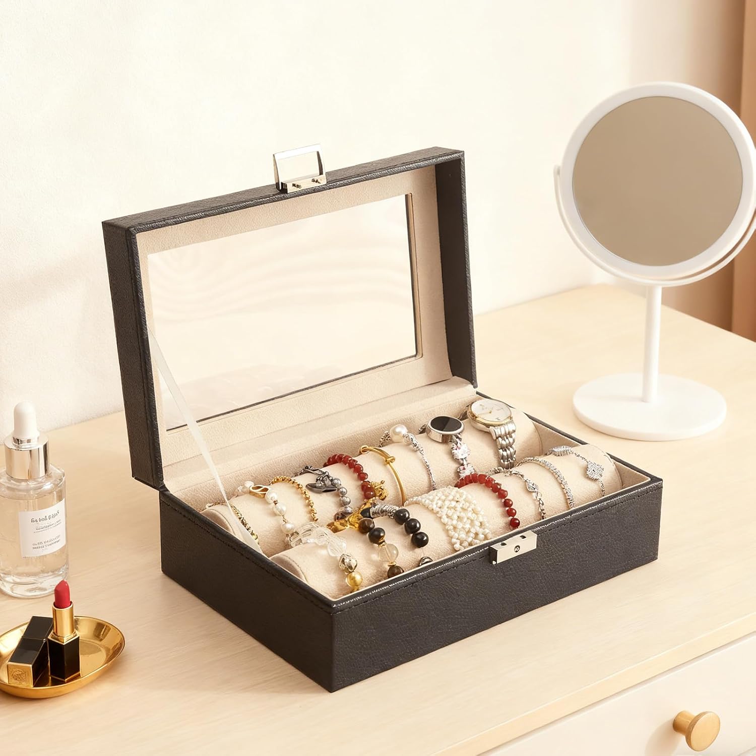 Bracelet Display Holder for Bangles Watches, Bangle Box with Clear Lid Jewelry Organizers Storage Case, Bracelet Holder for Women Girls (Black-2 Rods)