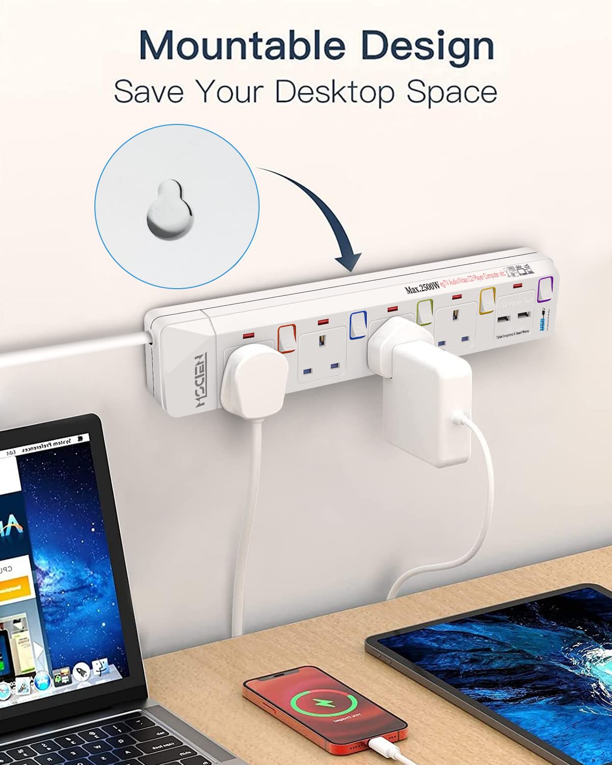 Mscien Extension Lead with USB 2M(including sockets),4Way Sockets Extension Individual Switched