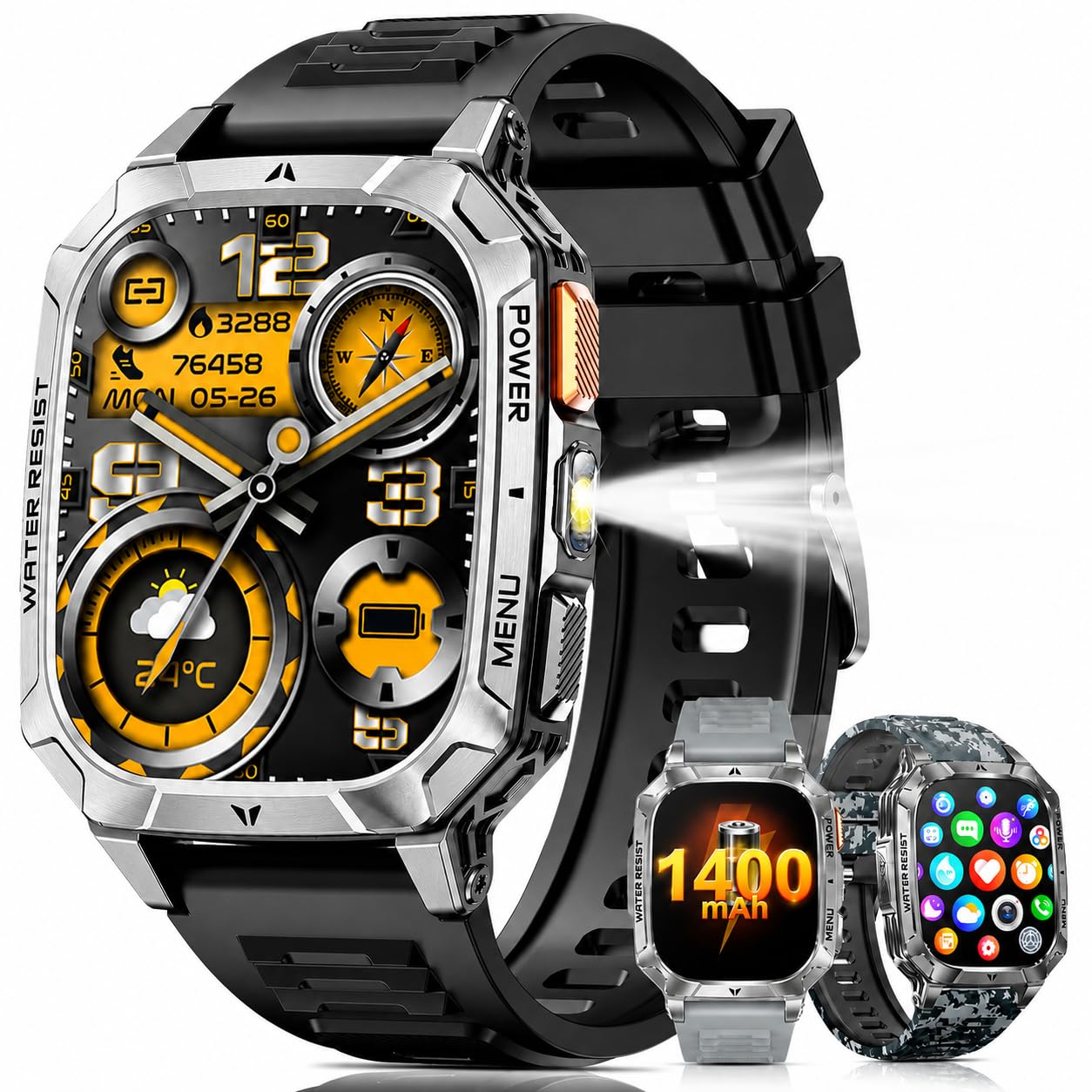 Smart Watches for Men, 1400mAh Military Smart Watch with LED Flashlight