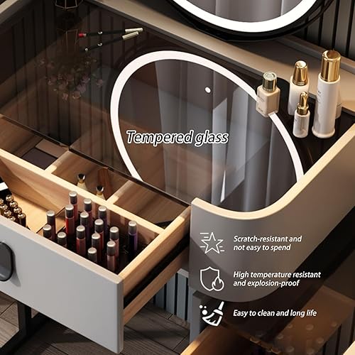 Miniatura 6 de Vanity Desk with Mirror and Drawers, White Vanity with Mirror, Wooden Makeup Desk for Bedroom Dressing Room, with Adjustable Brightness Mirror,White