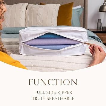 Luxury Organic Cotton Sweater Storage Bag For Cashmere 15 Inch | Fits 4 Fine Knits, Breathable, Moth Proof, Garment Storage Bag For Cashmere, Zippered, Certified Carbon Neutral, White