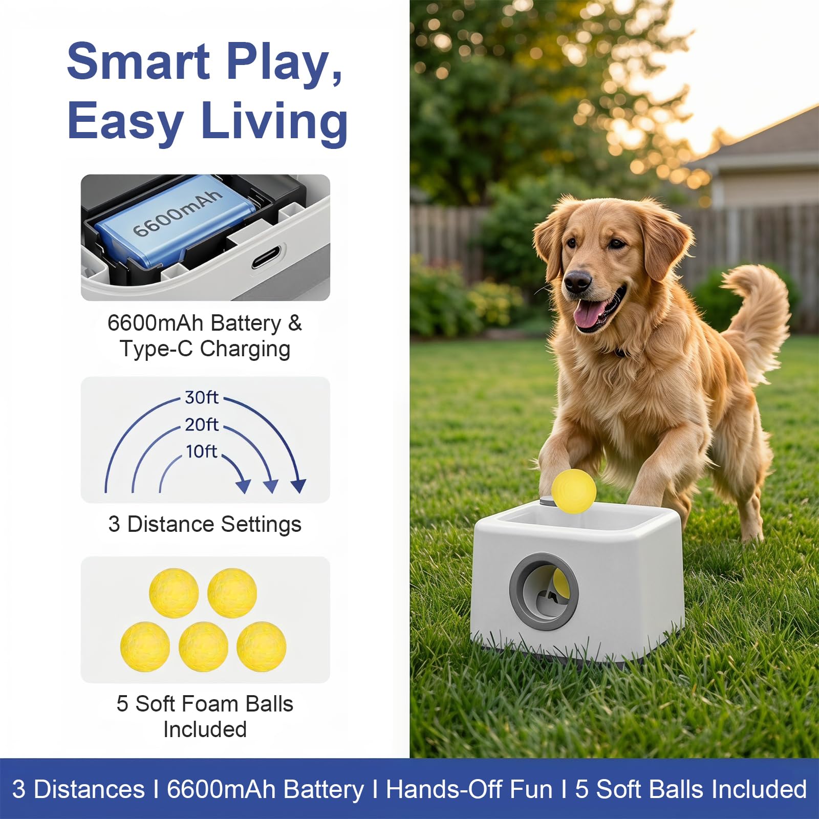 JIANAYANA Lanceur de balles automatique pour chien, jouet interactif double mode automatique et manuel, 4 distances réglables avec 5 balles ETPU, balle anti-carte pour intérieur et extérieur toutes