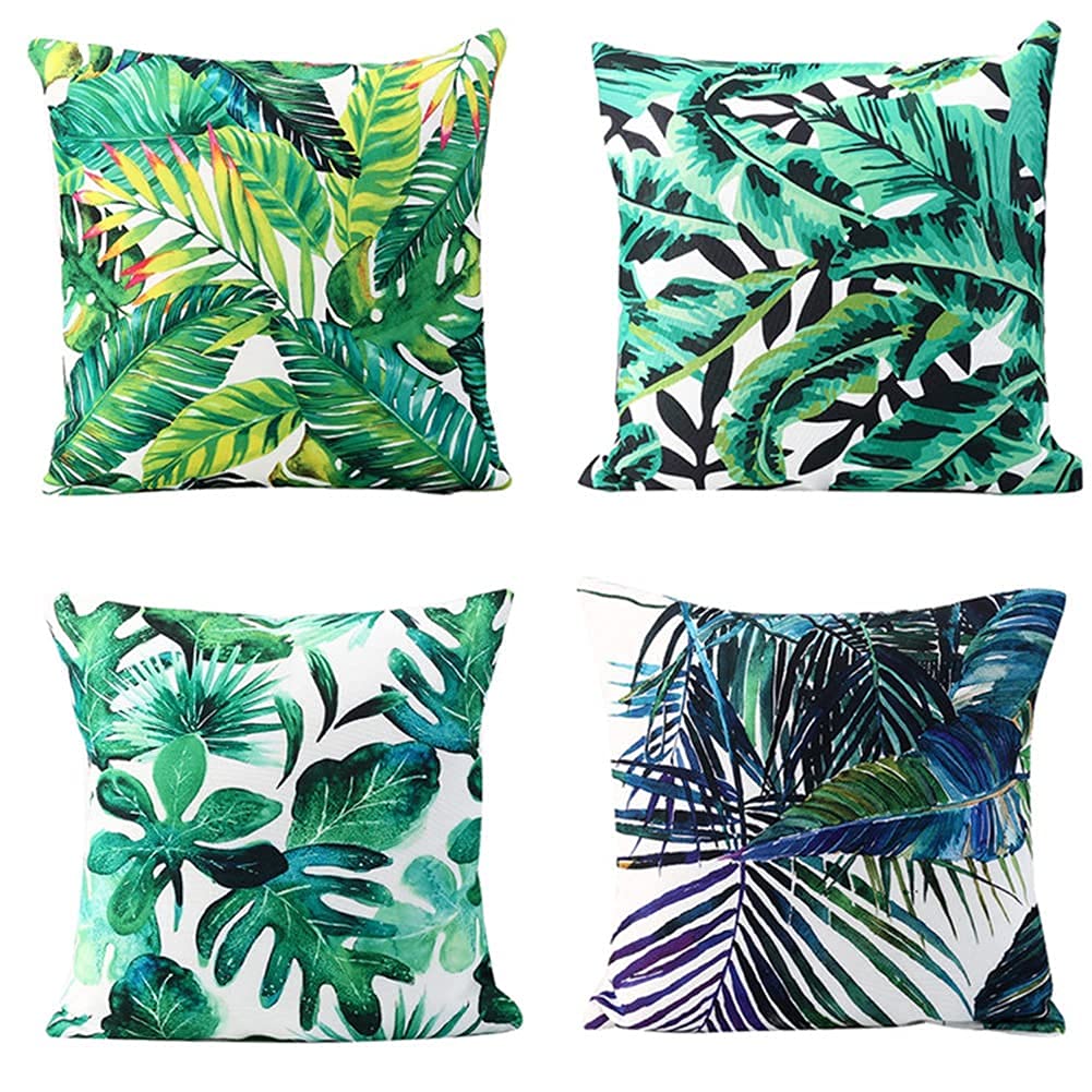Set of 4 Cushion Covers, Tropical Plants Pattern Waterproof Throw Pillow Covers, Waterproof Cushion Covers, Outdoor Throw Pillow Case for Outdoor Patio Garden Blench Living Room Sofa 45x45cm