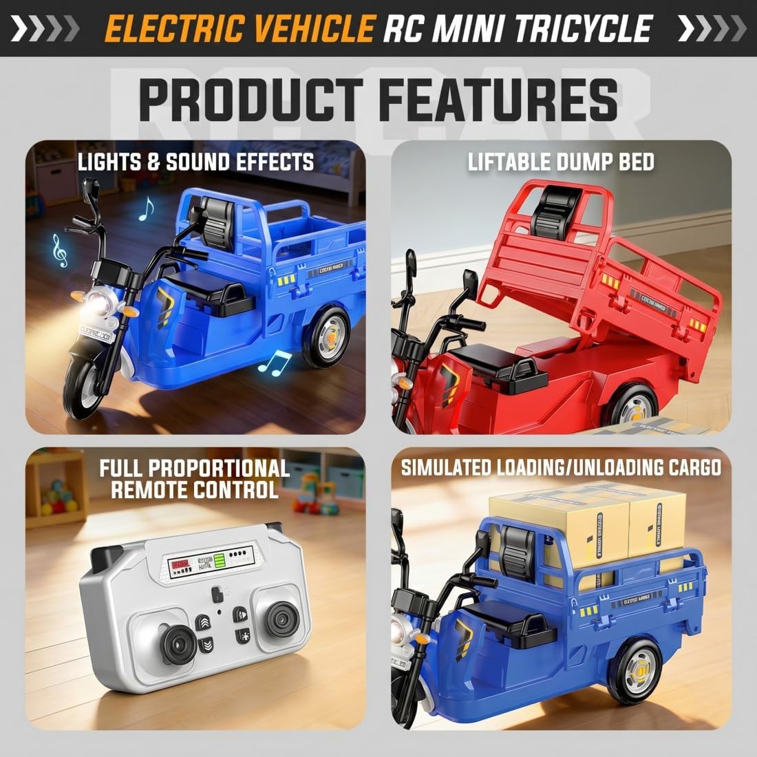2.4GHz Mini RC Cargo Tricycle, Full Proportional Remote Control Three Wheel Truck with Liftable Cargo Bed, LED Lights, Sound Effects, USB Rechargeable RTR Drift Vehicle for Indoor Driving image 5