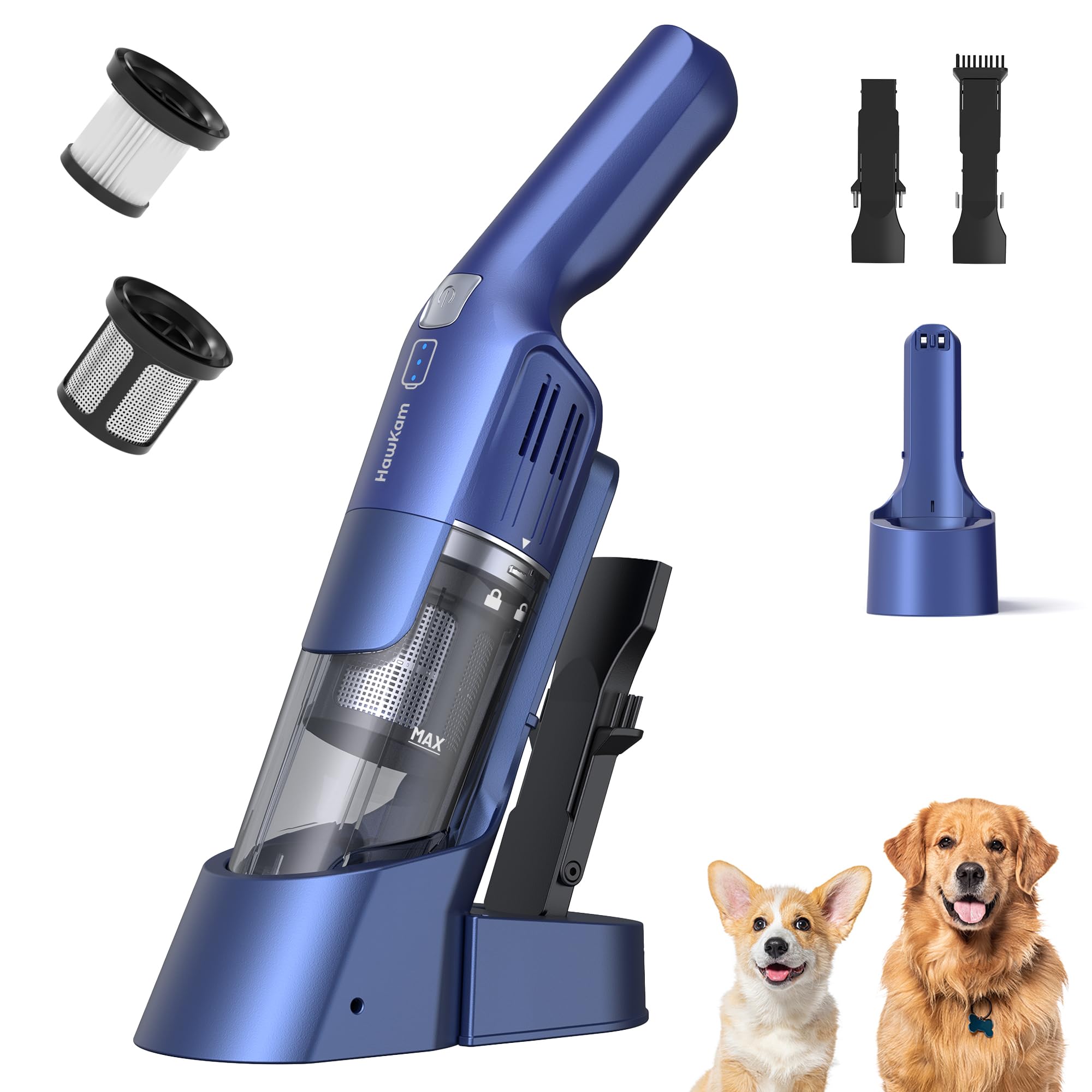HawKam Handheld Vacuum Cordless, 24KPa Rechargeable for Car, Pet Hair, Home | Long Battery Life, 2-Speed Max, 1.8 lb Lightweight, Charging Dock, Washable HEPA Filter, 500ml Dust Cup, 2-in-1 Crevice Tool