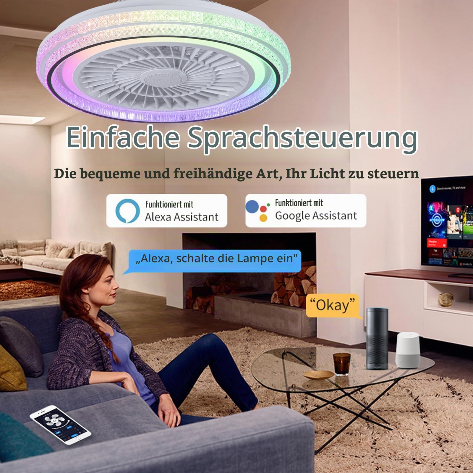 RGB Alexa Licht Mit Ventilator Und Bluetooth-lautsprecher Kinder LED Dimmbare Deckenventilator Mit Licht Und Fernbedienung Leise 6 Geschwindigkeit Für Schlafzimmer Wohnzimmer Party