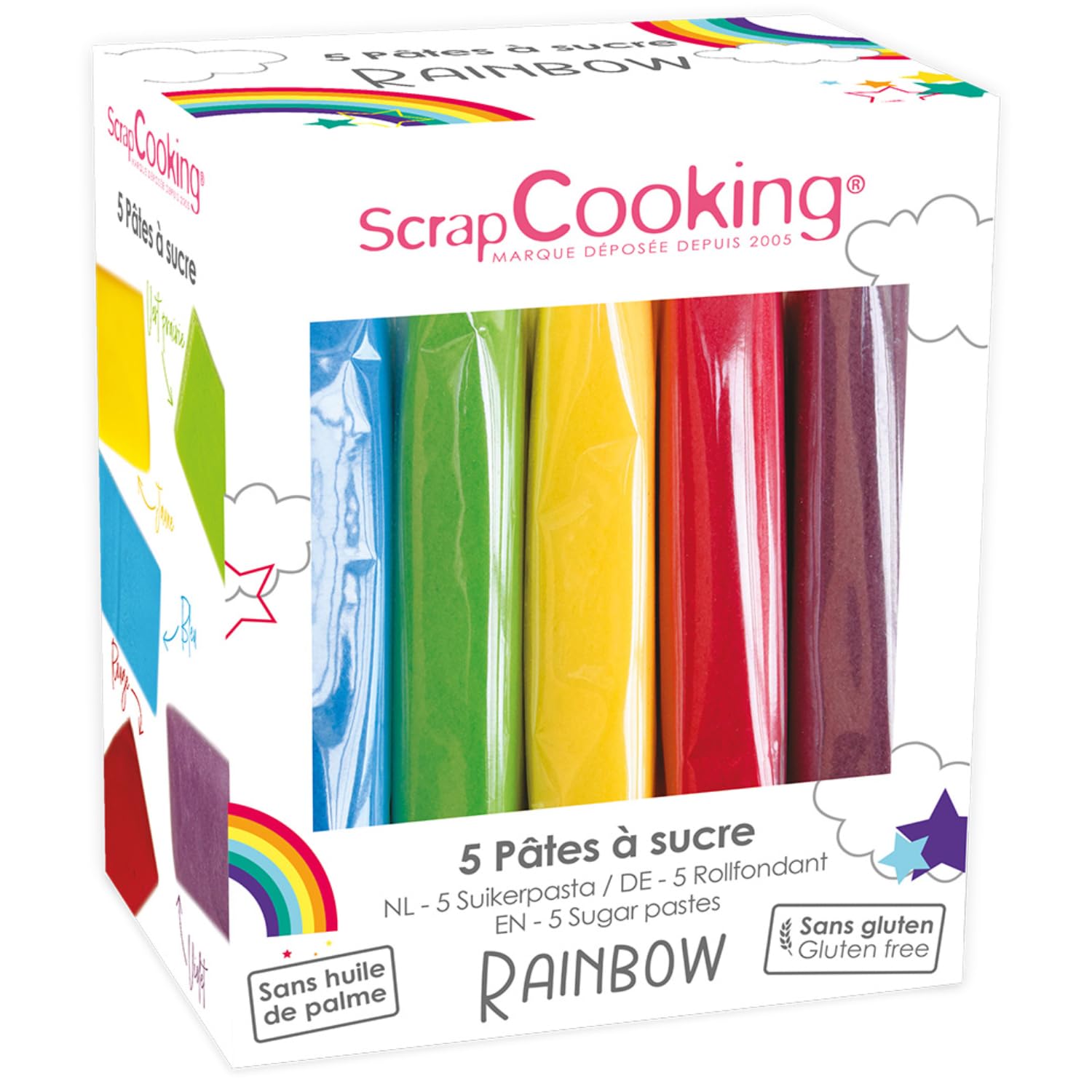 ScrapCooking - 5 Pâtes à Sucre Arc-​en-​Ciel - 80 g x 5 - Rouge, Violet, Jaune, Vert Prairie, Bleu