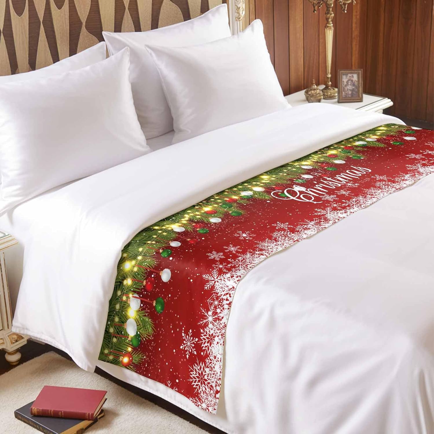 Christmas Red Bed Runner Scarf Bedding Accessory For Cal King Size Bed,Soft Bed Scarves And Runners Stainproof Dustproof Bedroom Protector For Hotel,Winter Pine Tree Leaves Snowflake 102"x20"