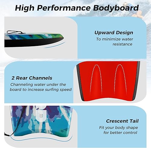 Vista 38 de GYMAX Tablas de cuerpo para playa, 33/37/41 pulgadas con núcleo de espuma EPS, cola creciente, doble canal y correa de muñeca, bodyboard ligero