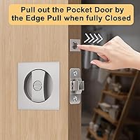 Vista 5 de Herrajes para puerta de bolsillo de privacidad de níquel cepillado, 2 3/8 pulgadas, cerradura de puerta cuadrada resistente de aleación de zinc