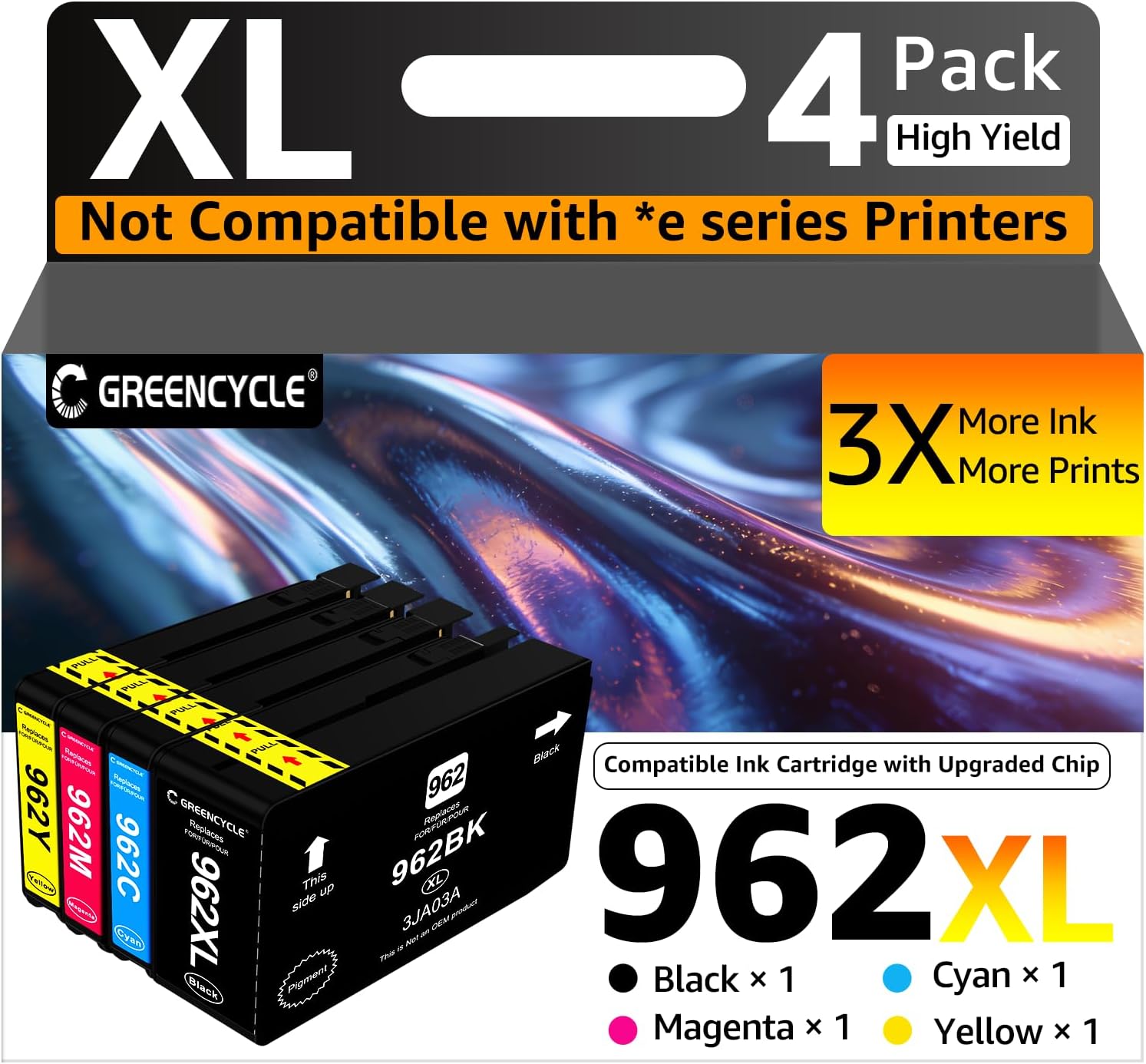 greencycle 962XL Ink Cartridges Combo Pack High Yield Black & Color 962XL Printer Ink Cartridge Compatible for HP 962 XL Work for OfficeJet Pro 9010 9012 9014 9015 9016 9018 9019 9020 (BCMY-4 Pack)
