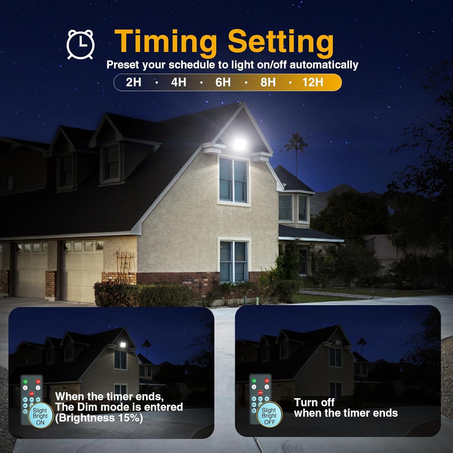 Onforu 100W Dusk to Dawn LED Outdoor Flood Light with Timer, 9000LM Adjustable Brightness Work Light, IP66 Waterproof Security Light with Plug for Yard 2 Pack