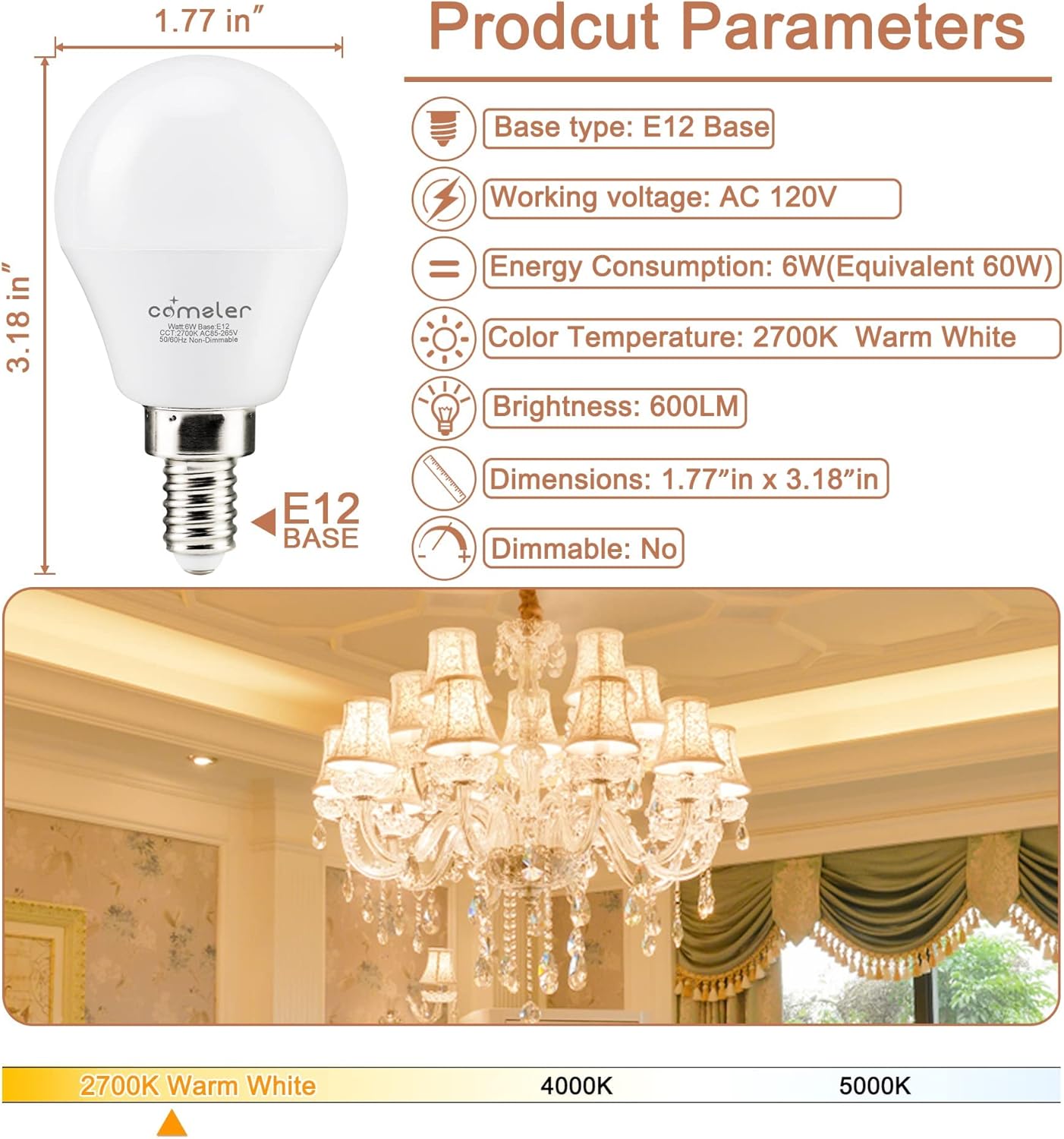 comzler 12 Pack E12 LED Candelabra Light Bulb, 2700K Warm White Ceiling Fan Light Bulbs, 6 Watt 60W Equivalent, CRI 85+, 600Lumen, E12 Small Base Bulbs A15 Shape Round, No-Dimmable