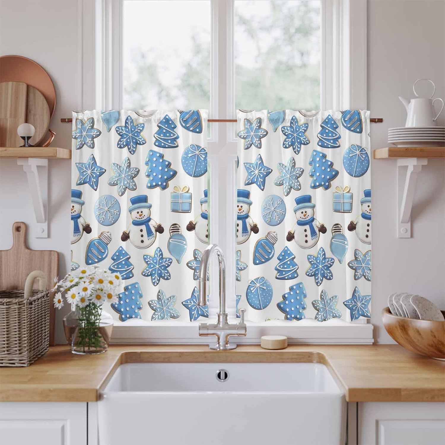 Christmas Snowman Kitchen Curtains 45 Inch Long 2 Panel Set,Rod Pocket Window Treatment,Winter Snowflakes Xmas Tree Gingerbread Blue Short Curtains & Drapes for Bathroom Laundry 52"W x 45"L