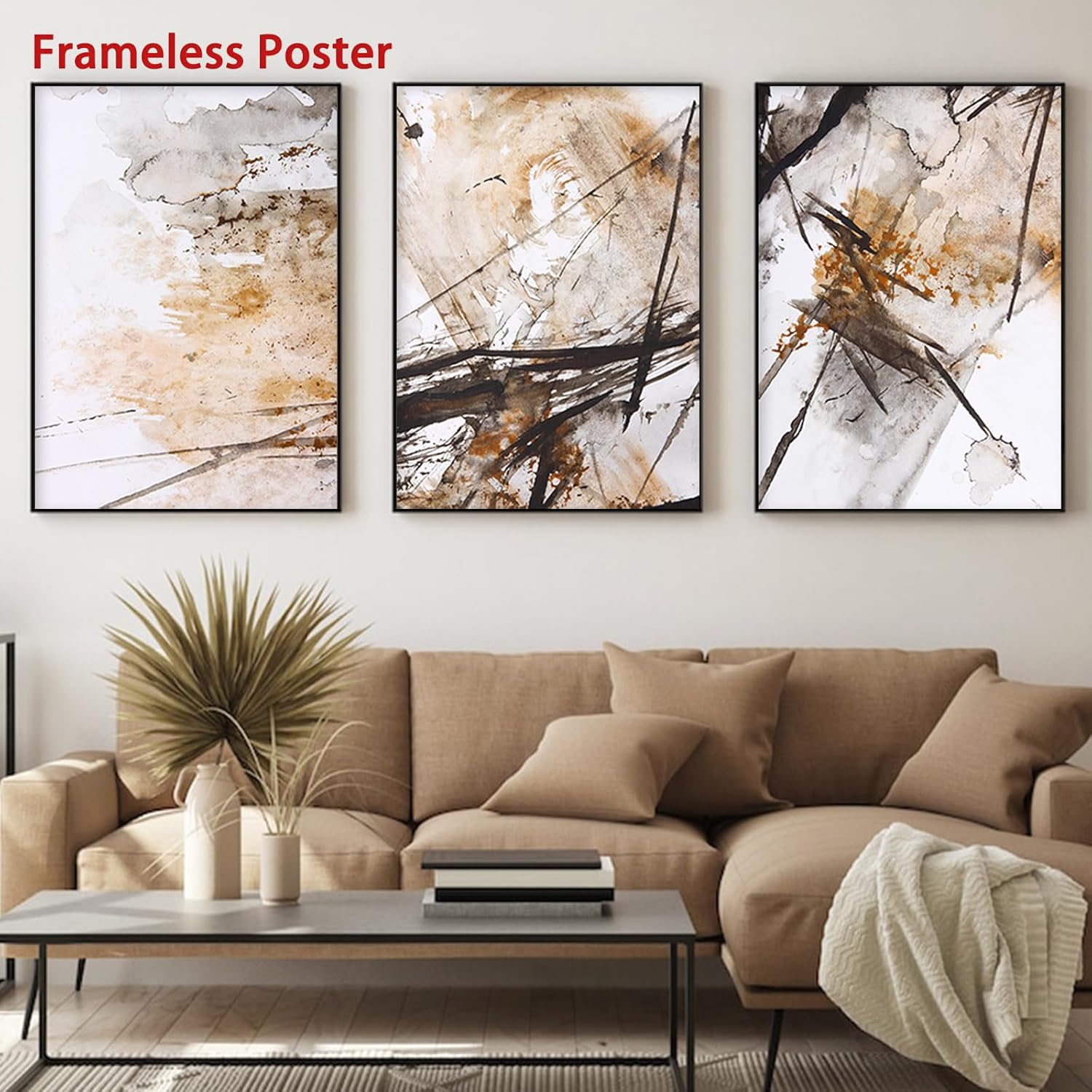 BACKYMRJCART Abstract Brown Wall Art - 16x24inch Frameless Canvas Prints - Grey Brown Beige Watercolor Art - Set of 3 - Perfect for Bedroom Decor, Living Room, Kitchen, Office