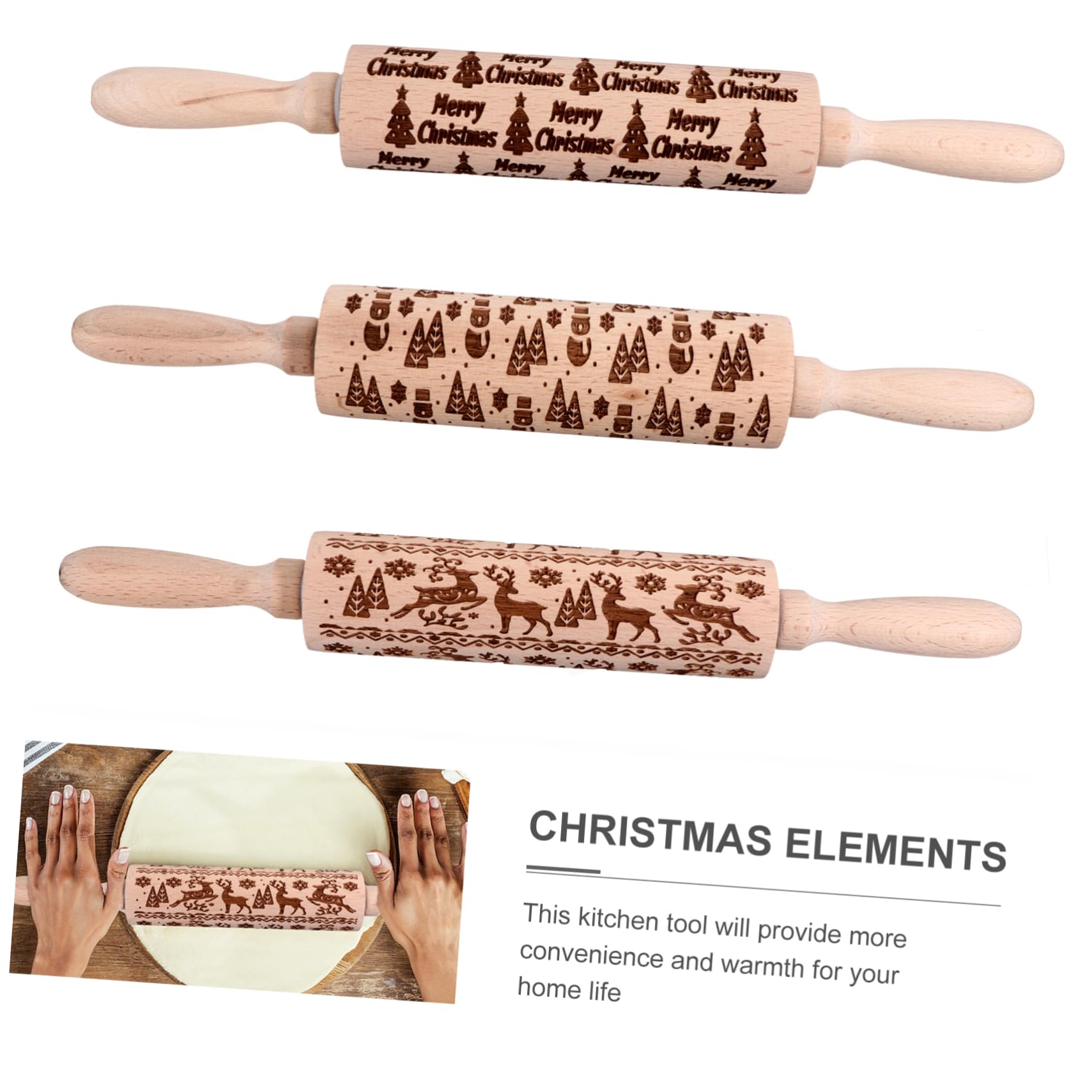 Mikinona Rouleau À Pâtisserie en Bois Rouleau À Pâtisserie Décoré De Noël pour La Pâtisserie Maison
