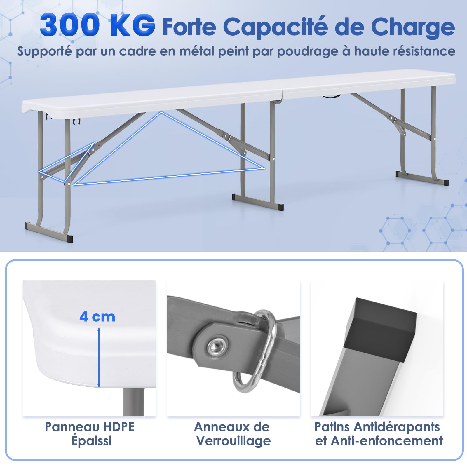 GOPLUS Banc Pliant Jardin en HEPE 182 cm, Banc d'Intérieur et d'Extérieur, Poignée de Transport, Etanche, pour Pique-Nique, Camping, Barbecues,182 x 27,5 x 43 cm,Charge 300KG