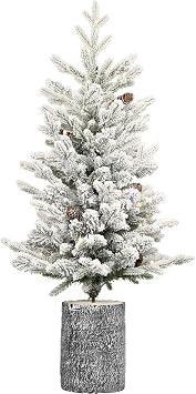 4.5FT Pre-lit Potted Snow Flocked Christmas Tree, Frosted Artificial Christmas Tree with 150 Warm White LED Lights, 720 PE/PVC Branch Tips and 19 Pinecones for Holiday Decoration