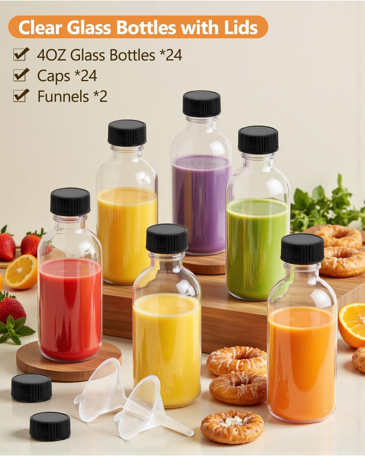 Rionisor 4OZ Small Glass Bottles with Lids and Funnels, 120ml Boston Round Glass Bottles, Leak Proof Mini Travel Bottle, Perfect for Diy Essential Oils, Hot Sauce and Juices, 24 Pack Clear