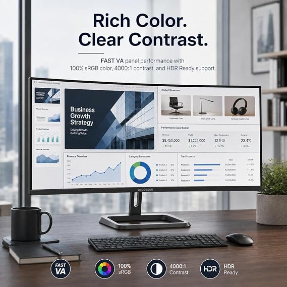 Deco Gear 34-Inch Business Curved Super UltraWide WQHD Monitor 3440 1440 R1500 100Hz 1ms 100% sRGB HDR 2 DisplayPort 2 HDMI Tilt Adjustable PIP/PBP Low Blue Light, American Seller