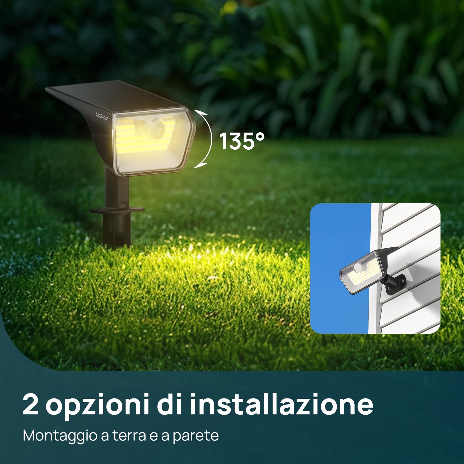 Linkind lampade solari 2 in 1 Luci Solari Esterno Giardino con Sensore di Movimento,3000K & 6500K, 60 LED faretti energia solare da esterni con indicatore di carica,impermeabili IP67,6 Pezzi