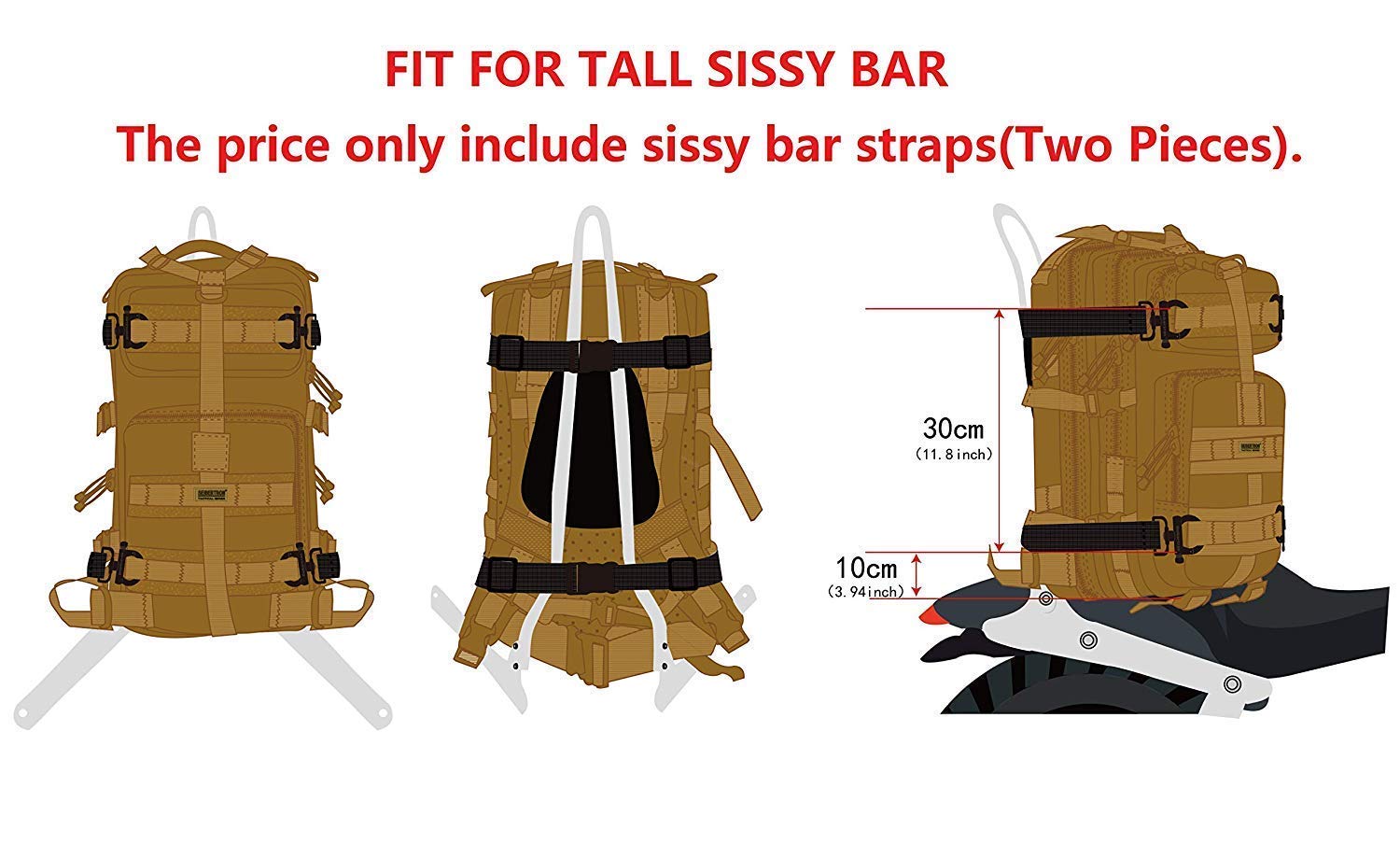 Adjustable Utility Sissy Bar Straps Travel Accessories Design For Seibertron Motorcycle Molle Bag Or Backpack Fit For Tall Sissy Bar Or Luggage Rack with Quick-Release Buckle Khaki