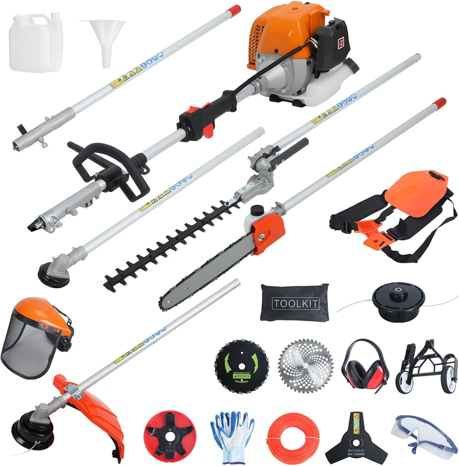 52CC 8 in 1 Gas Weed Eater, 2.3KW 2-Stroke Gas Powered Weed Wacker with Hedge Trimmer, Pole Saw, Brush Cutter & Auxiliary Wheel, Multi-Functional Lawn Care Tool for Yard, Garden & Landscaping Orange