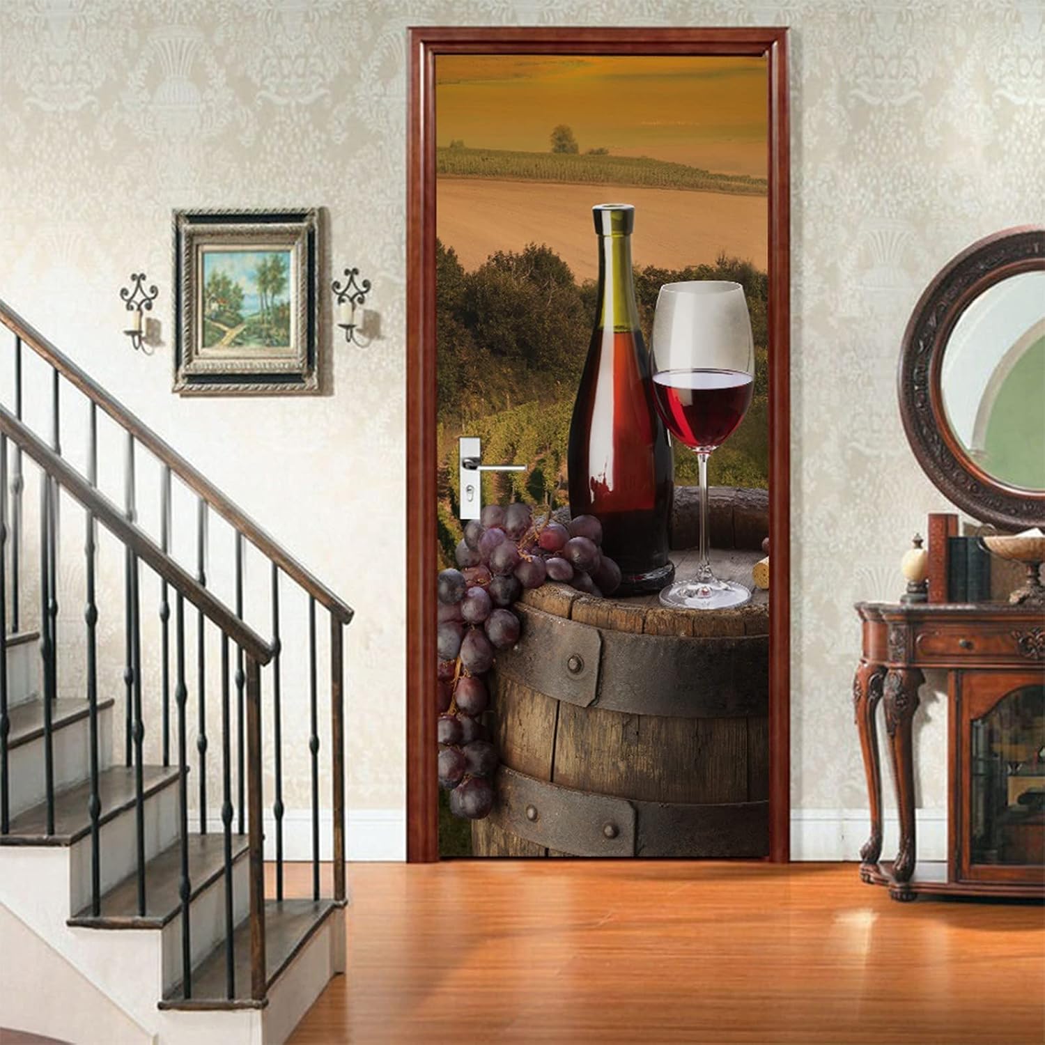 A.Monamour 3D Door Stickers for Interior Doors Red Wine Grapes on Old Barrel on Vineyard Vinyl Waterproof Self Adhesive Door Mural Decals for Bedroom Office Bathroom 77 x 200 cm