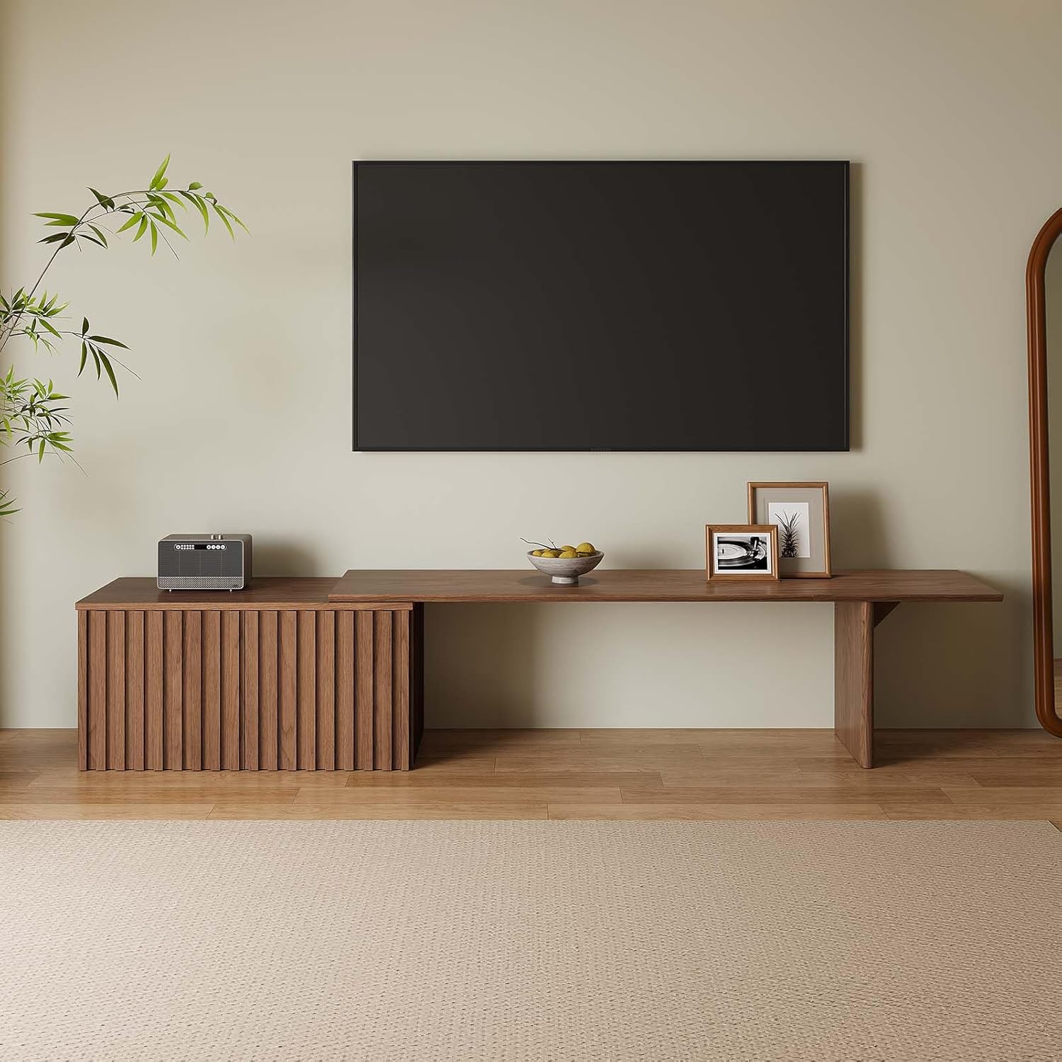 Mid-Century Modern TV Stand with Storage, Extendable TV Media Console for Up to 55+ Inch Minimalist Television Cabinet for Living Room/Bedroom (63"-94.5" Extendable)