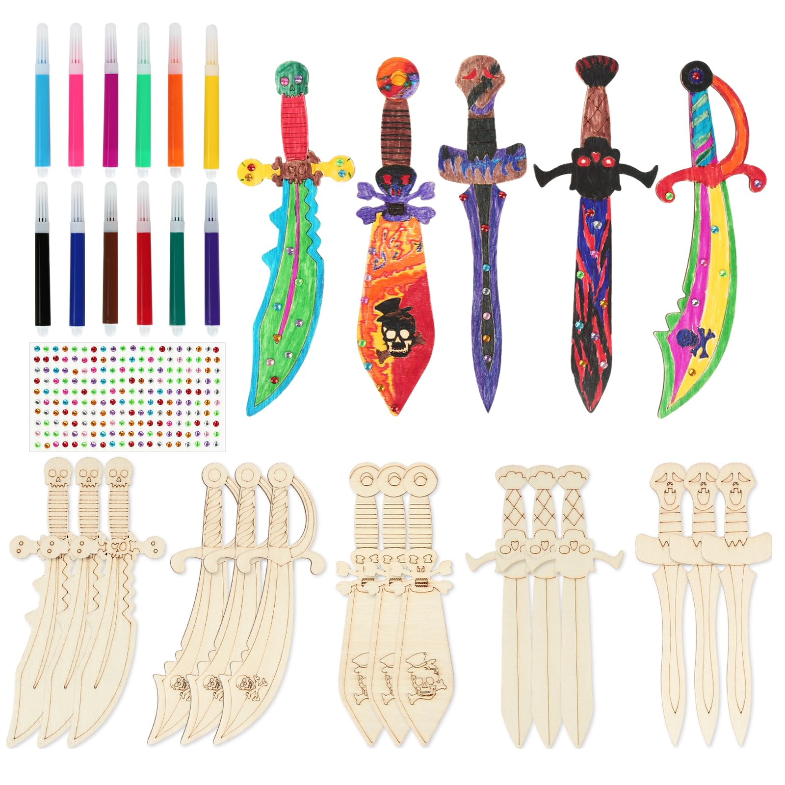 15 Stück Piratenschwerter aus Holz, Holzschwerter zum Bemalen mit 12 Aquarellstiften und Diamant-Aufkleber, 5 Typen Piratenschwert Kinder, Piraten Schwert für Kindergeburtstage oder Piratenpartys