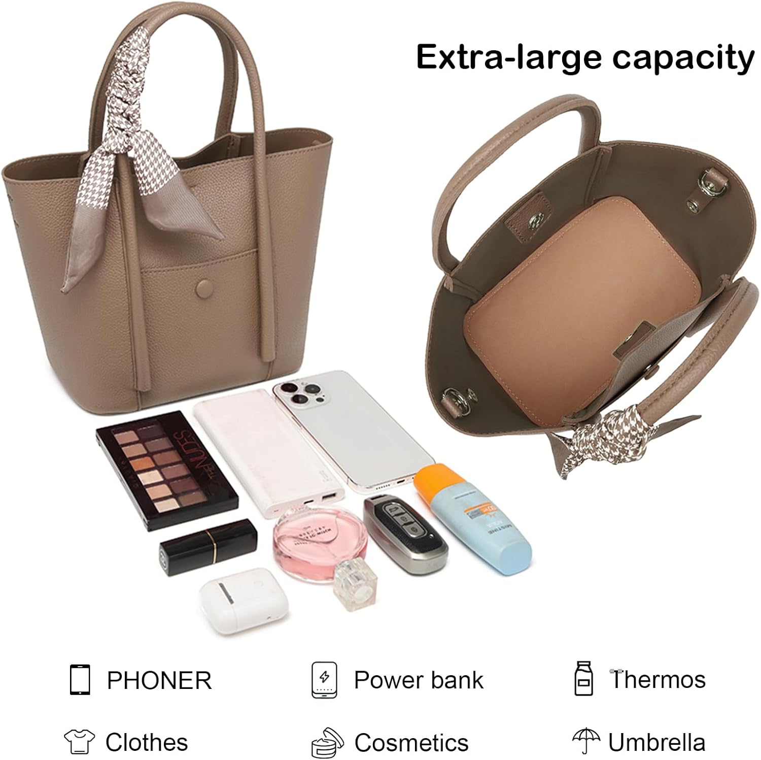 Bucket Bag for Women Scarf Decorated Handbag Set with Adjustable Strap Daily Commute Dating Travel