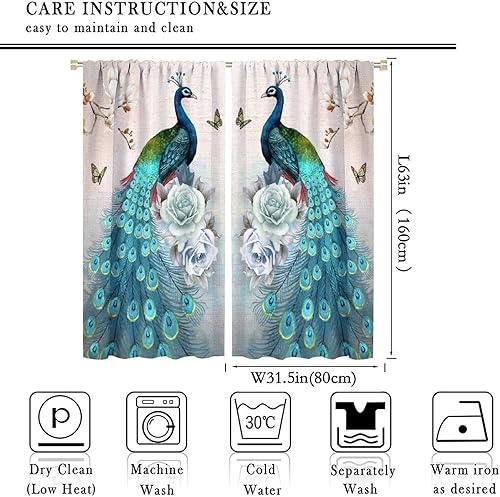 Miniatura 67 de Cortina opaca con estampado de pavo real, con estampado de animales retro, con bolsillo para cortinero y flores de peonía doradas, para dormitorio,