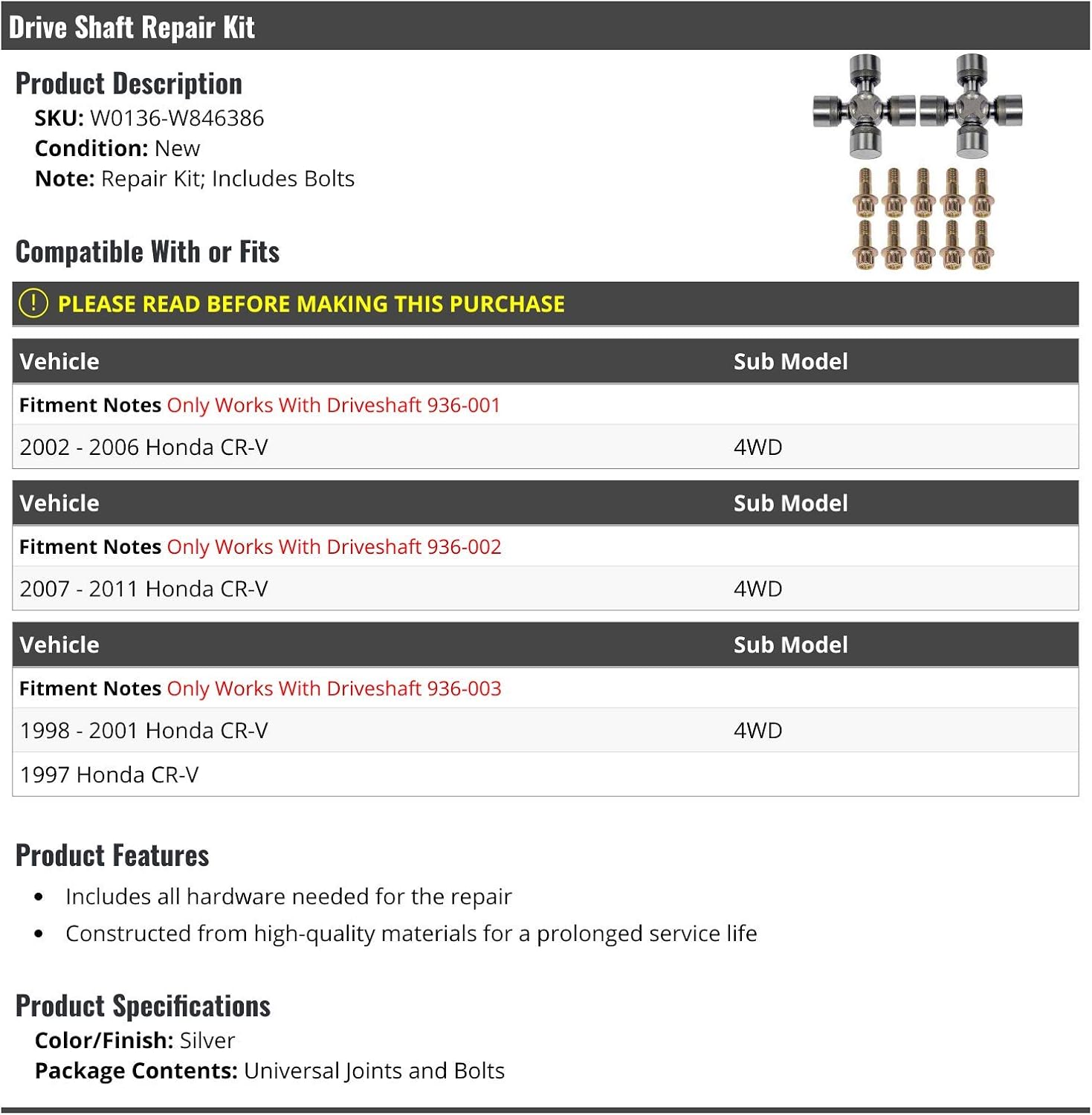 Marketplace Auto Parts Drive Shaft Repair Kit - Universal Joints and Bolts - Compatible with 1997-2011 Honda CR-V 4WD