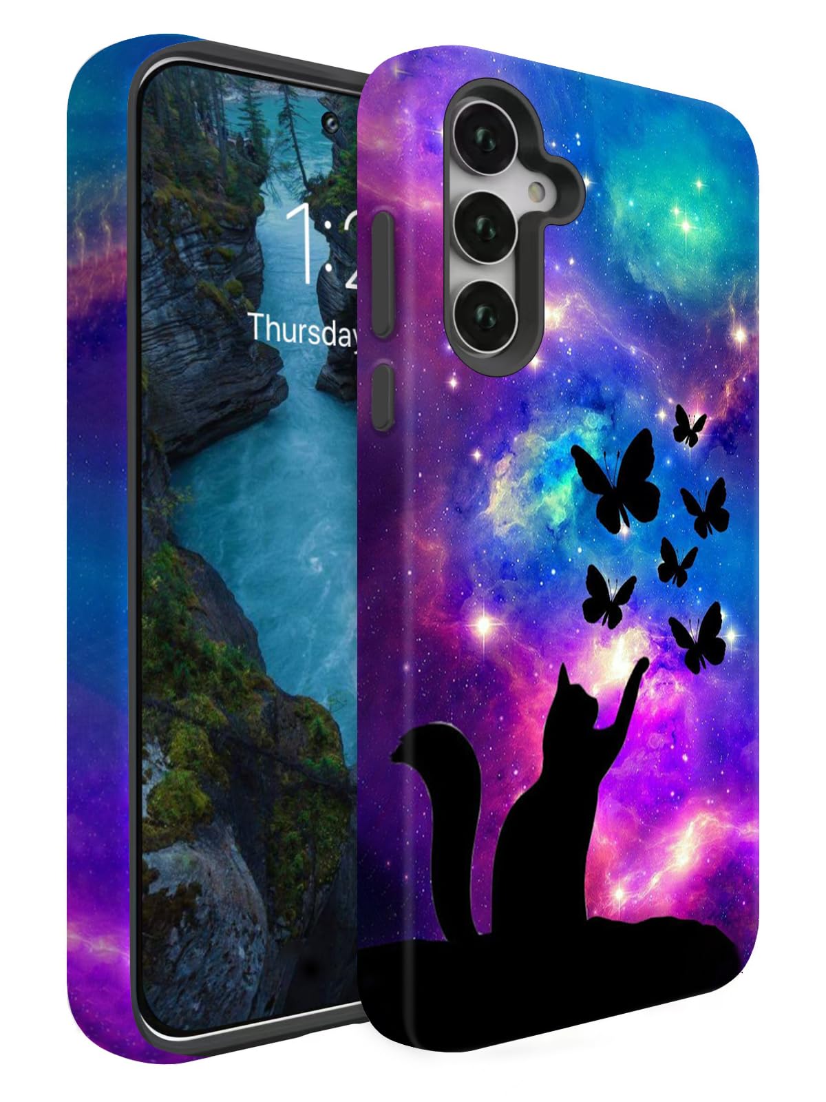 WQIOICNXK Compatible for Samsung Galaxy A26 5G Case,Heavy Duty Double Layer Protective Phone Case for Samsung Galaxy A26,Cat Butterfly Stars