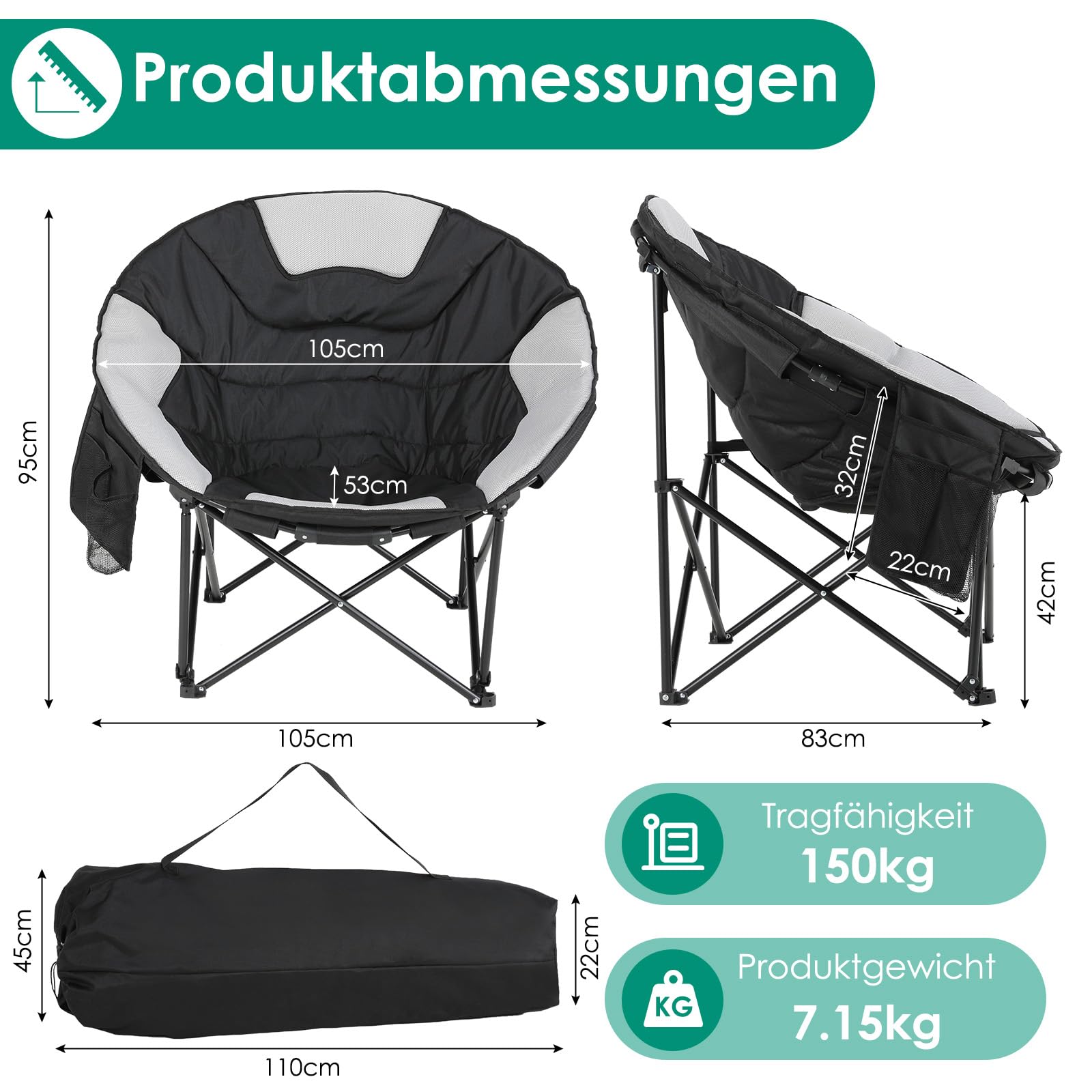 LIFERUN Sedia Pieghevole da Campeggio 150KG, Sedia da Campo Portatile, Moonchair XXL, con rete traspirante, Tasca Laterale, borsa per il trasporto, per Giardino, Spiaggia, Trekking, Pesca, Nero