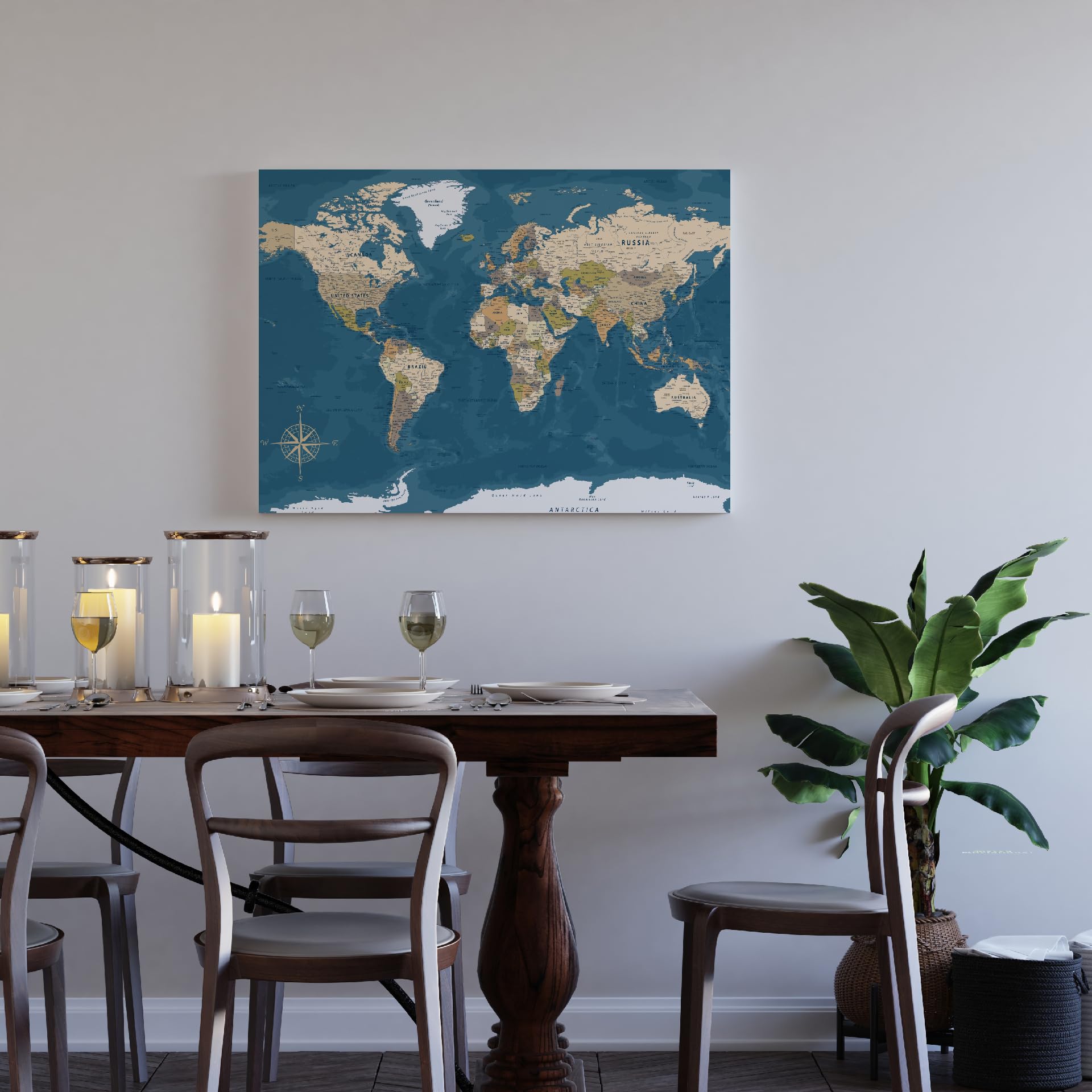 framed concept | Mappa del mondo con puntine | decorazione da parete fatta a mano con 50 puntine dorate | idea regalo originale