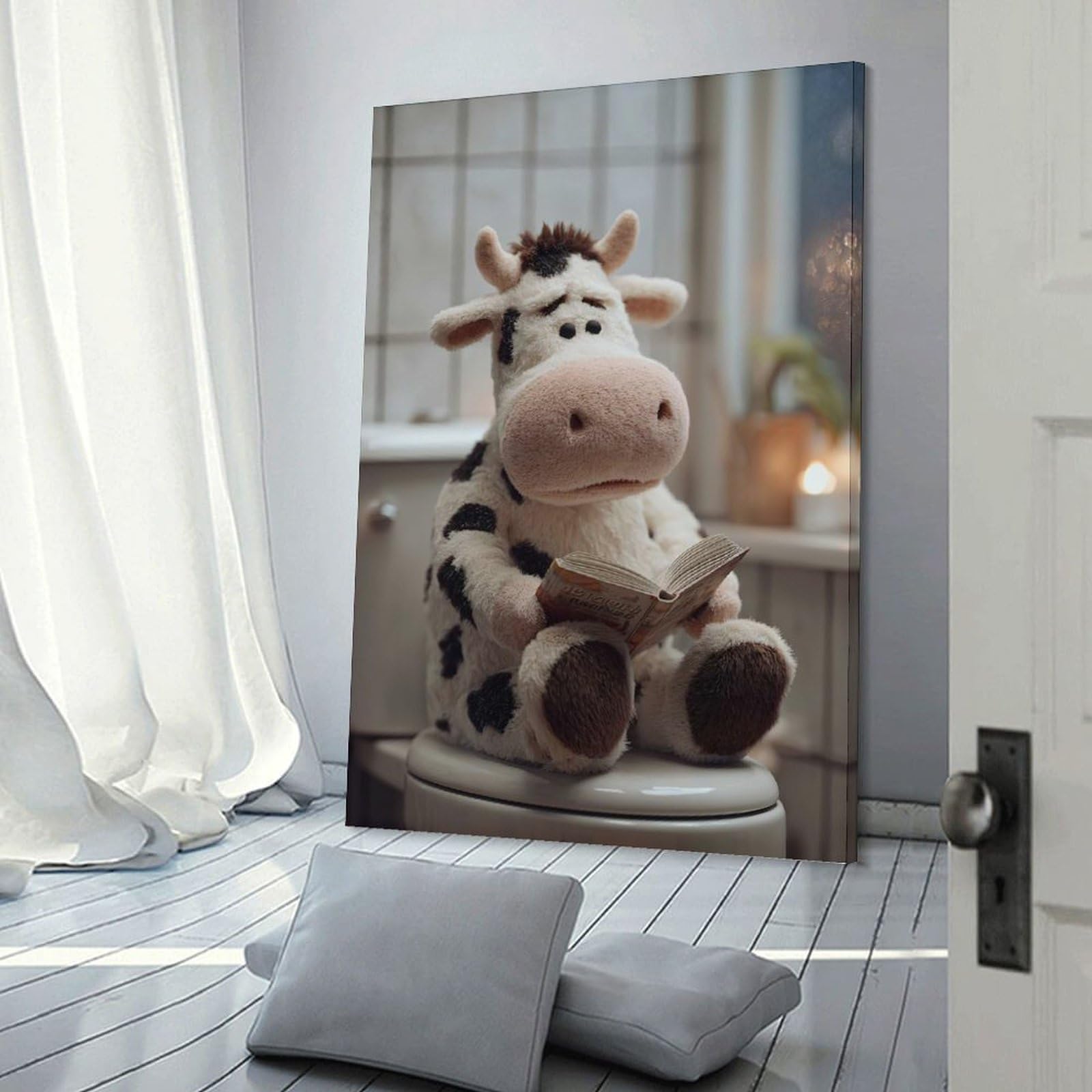 Junmoney Canvas Wall Art Stuffed Cow Reading on Toilet, 24x36inch(60x90cm), for Living Room, Bedroom, Office Or Hallway, Decorative Artwork with Broad Appeal